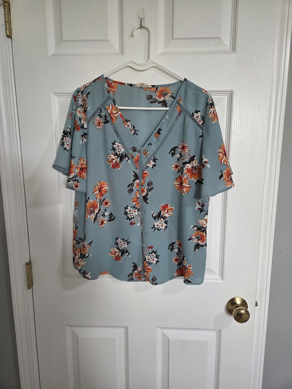 Floral V-Neck Short Sleeve Blouse - Teal with Orange Bloom